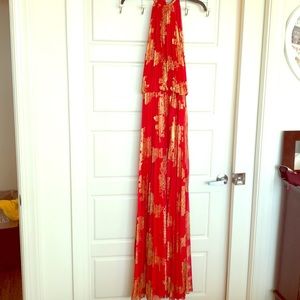Floor length gown. Red and Gold